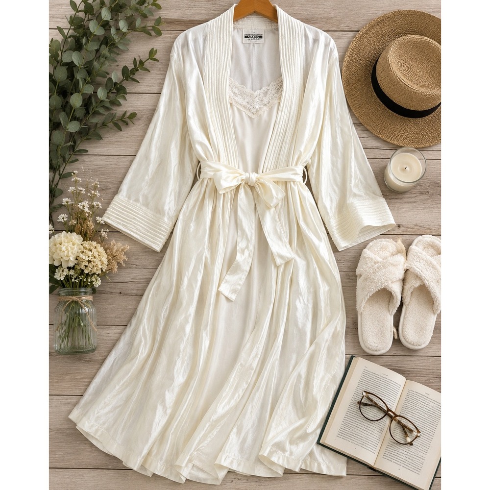 Vintage Montgomery Ward Ivory Satin Robe Long Peignoir Belted Bridal Lingerie